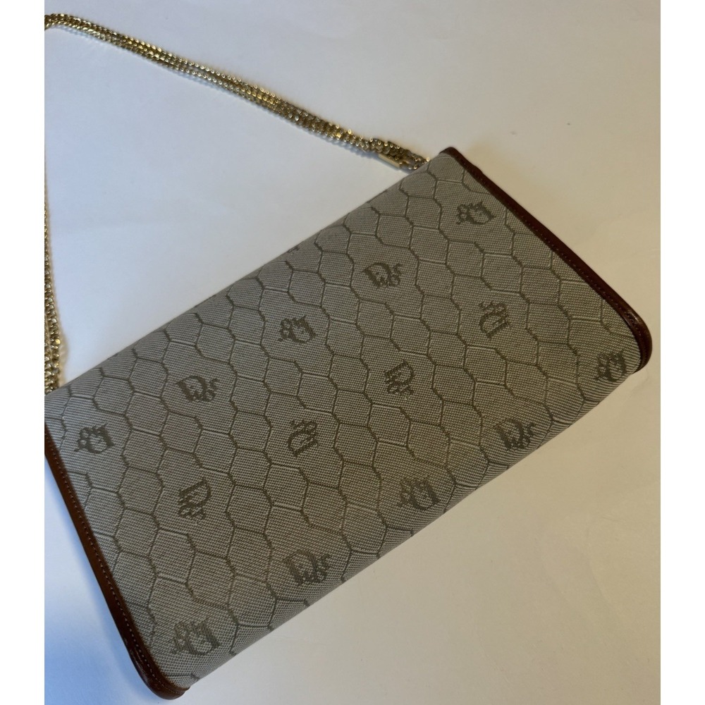 Christian Dior Honeycomb Canvas Chain Shoulder Bag PVC Beige Brown Leather Auth - Picture 8 of 13